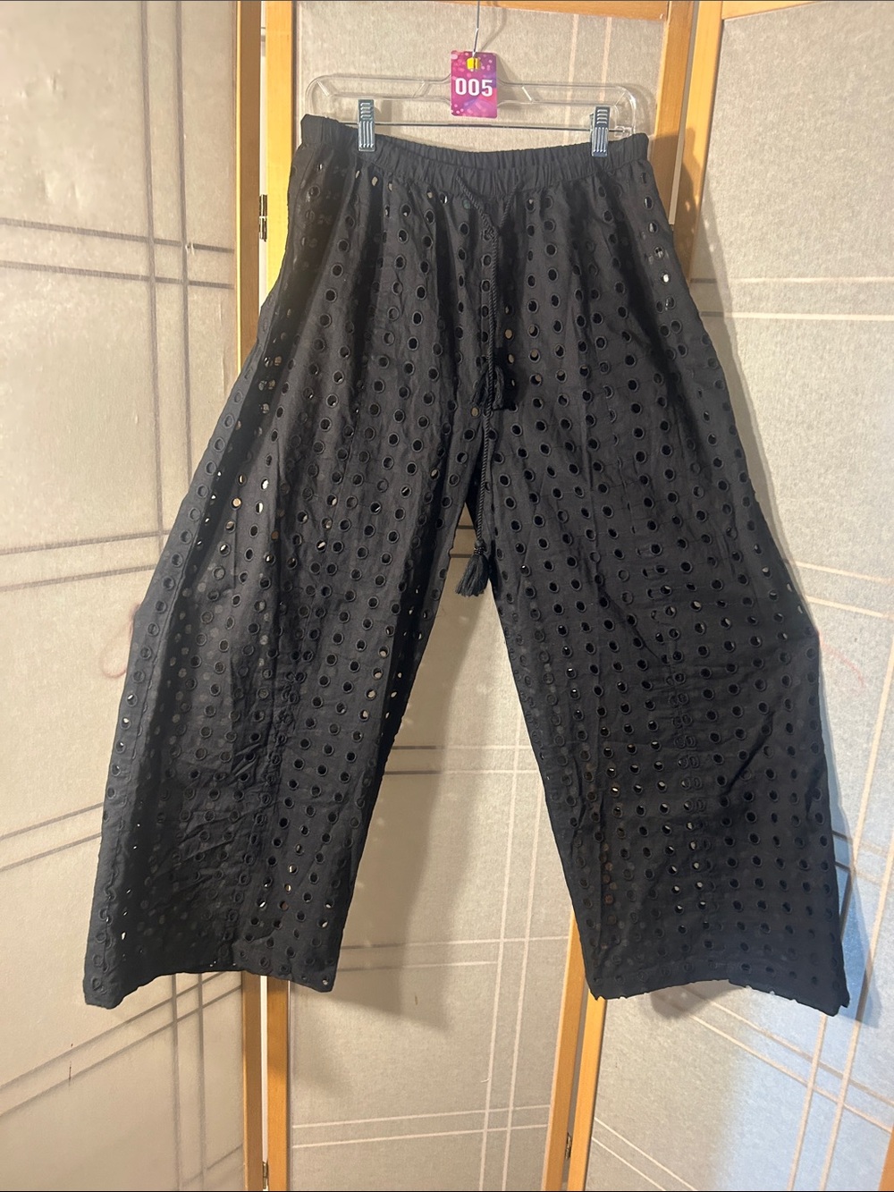 Black Eyelet Wide-Leg Drawstring Pants with Tassels